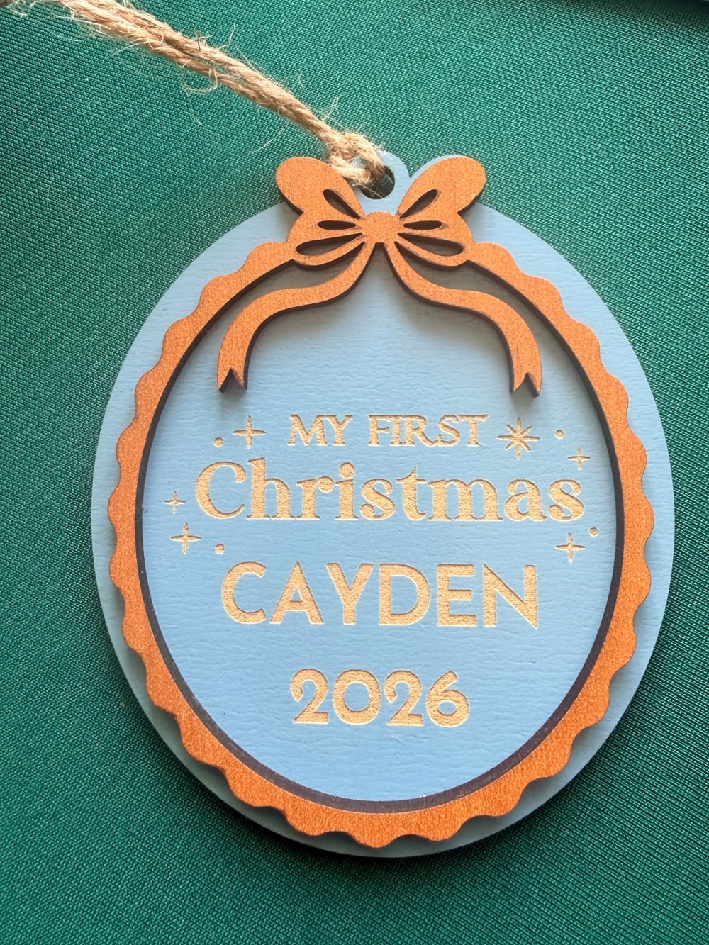 Handcrafted by me Wood engraved Baby’s First Christmas ornament customized